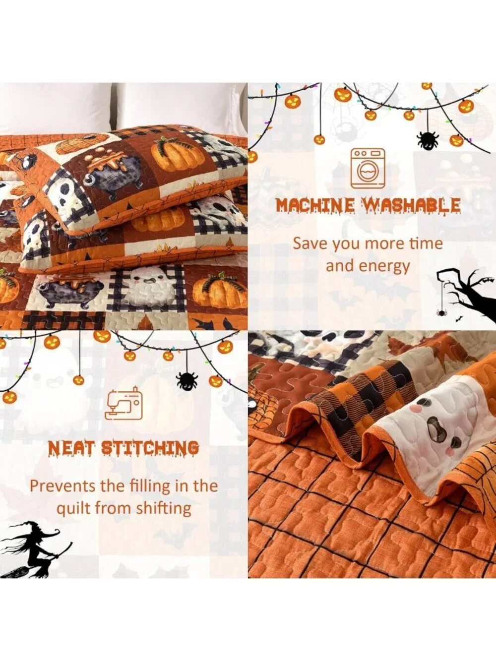 Orange Halloween Queen Quilt Bedding Set - Cartoon Plaid Bedspread for Cozy